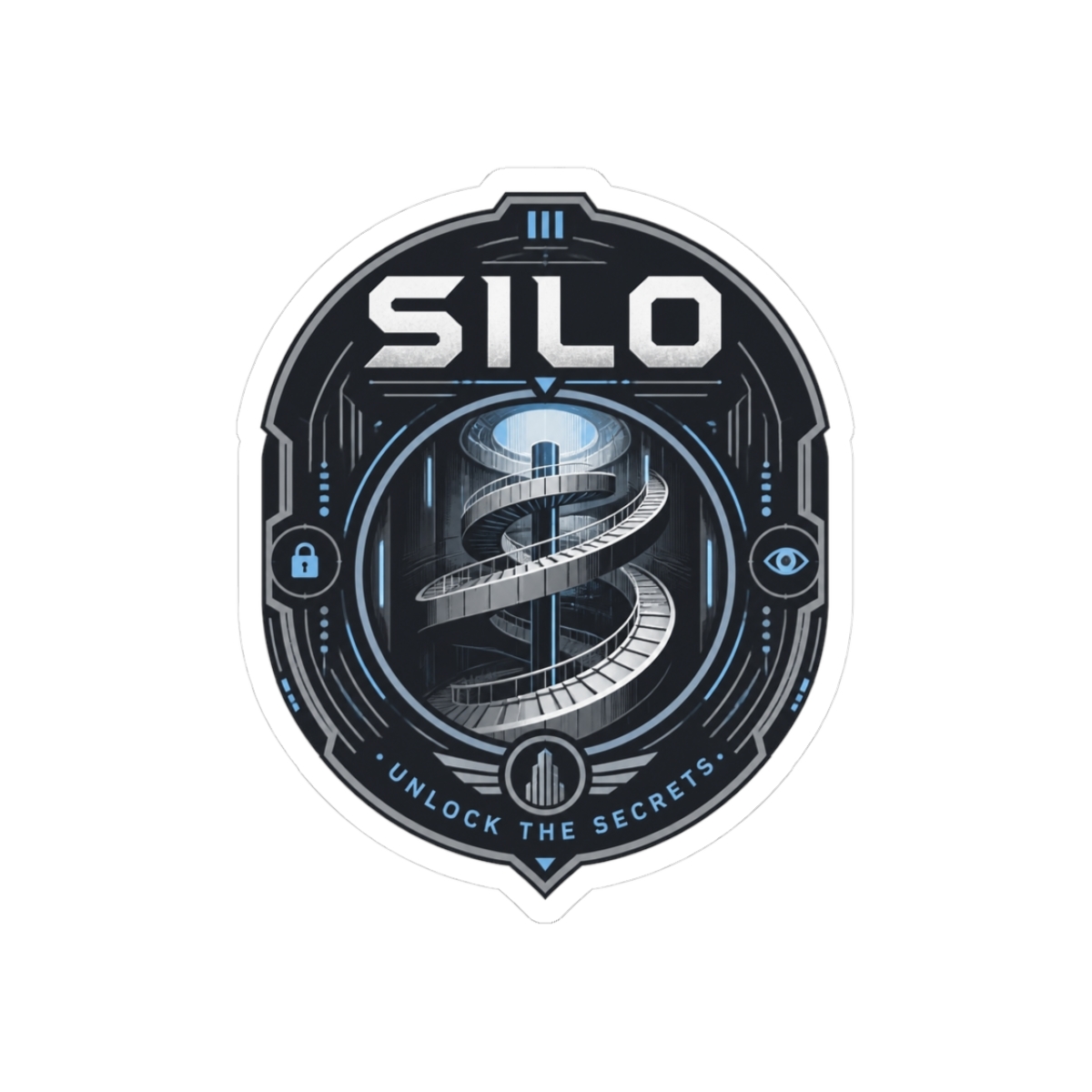 Silo " in bold futuristic typography at the top and " Sticker - alternate angle 1, merchandise